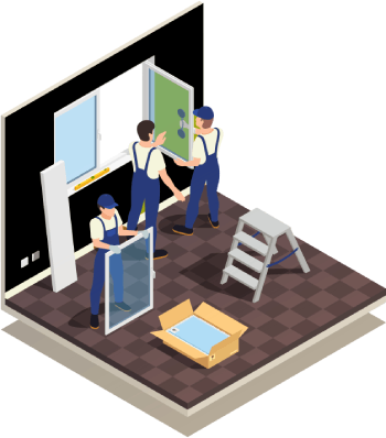 Cartoon image of technicians working inside home